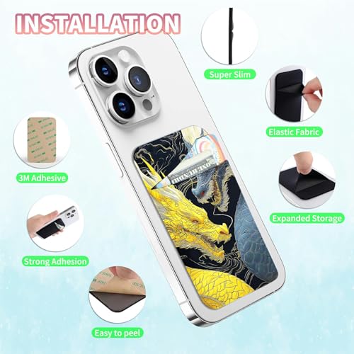 Phone Credit Card Holder Stick on, Cell Phone Pocket Self Adhesive Stretchy Stick on Wallet ID Credit Card Case Pouch Sleeve with Flap for All Smartphones, Gray-Yellow Dragon - color: Gray-Yellow Dragon