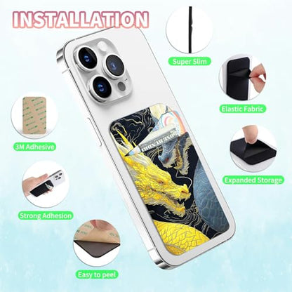 Phone Credit Card Holder Stick on, Cell Phone Pocket Self Adhesive Stretchy Stick on Wallet ID Credit Card Case Pouch Sleeve with Flap for All Smartphones, Gray-Yellow Dragon - color: Gray-Yellow Dragon