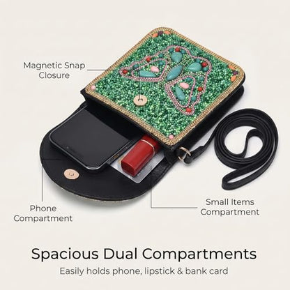 Small Crossbody Bags for Women, Cell Phone Shoulder Bag Boho Wallet Purse - color: Green Butterfly