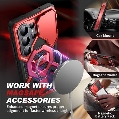 TONGATE Magnetic Stand for Samsung Galaxy S26 Ultra Case, Compatible with Magsafe, [Camera Cover & 2 Front Frames][Military Drop Protection] S26 Ultra Case Built-in Screen Protector & Belt Clip, Red - color: Red
