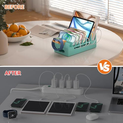 Bamboo Charging Station with 5 Port Charger HUB & 5 Cables-Teal - color: Teal