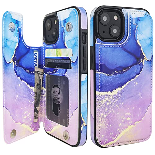HAOPINSH for iPhone 14 Wallet Case with Card Holder, Blue Purple Marble Pattern Back Flip Folio PU Leather Kickstand Card Slots Case for Women Girls, Double Magnetic Clasp Shockproof Cover 6.1" - color: Blue Purple Marble