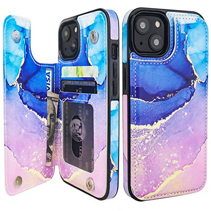HAOPINSH for iPhone 14 Wallet Case with Card Holder, Blue Purple Marble Pattern Back Flip Folio PU Leather Kickstand Card Slots Case for Women Girls, Double Magnetic Clasp Shockproof Cover 6.1" - color: Blue Purple Marble