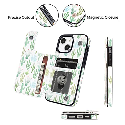 uCOLOR for iPhone 13/14 Wallet Case with Card Holder Green Cactus | PU Leather RFID Blocking for Women Men Magnetic Clasp Kickstand 6.1 - color: Green