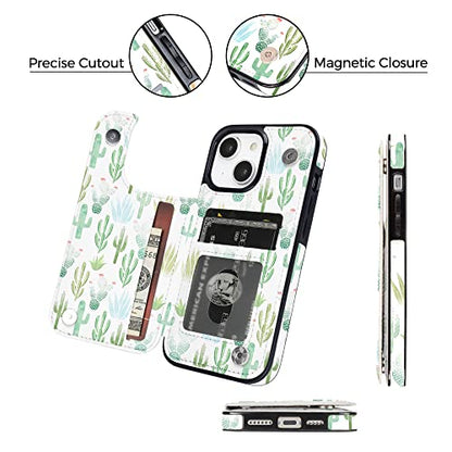 uCOLOR for iPhone 13/14 Wallet Case with Card Holder Green Cactus | PU Leather RFID Blocking for Women Men Magnetic Clasp Kickstand 6.1 - color: Green