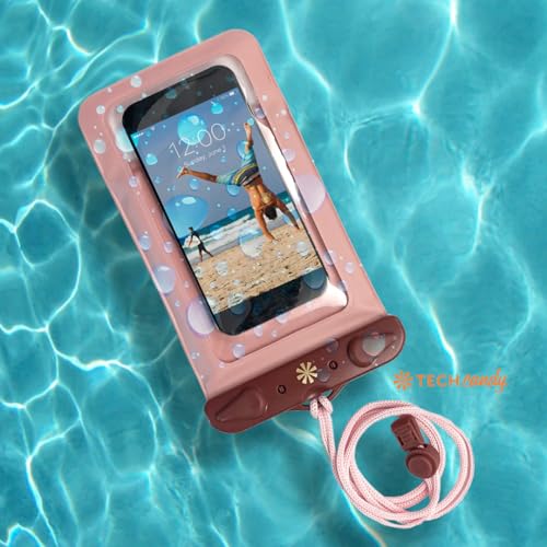 Tech Candy Dry Spell Water Defender Bag, Pink - Waterproof Protective Pouch for Smartphones & Valuables, Transparent Touchscreen-Compatible, IPX8 Certified, with Lanyard & Secure Lock, Dry Bag - color: Pink