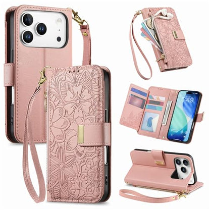for iPhone 17 Pro Phone Case Wallet, Pink | Built-in Card Holder (8-10 Cards), Zipper Pocket, Wrist Strap, Stand Kickstand, Flower PU Leather Protective Phone Case Women - color: Pink, size: iPhone 17 Pro