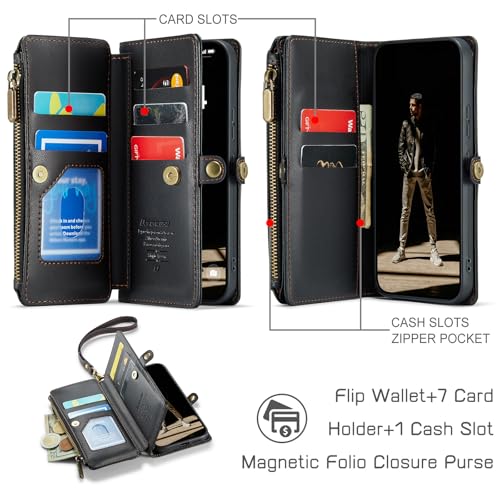 Defencase for Samsung Galaxy S24 Wallet Case with RFID Card Holder, Black | Durable Soft PU Leather, with Zipper Pocket, Wrist Strap, Fashion Snap Flip S24 Phone Cases Cover with Stand for Women Men - color: Black