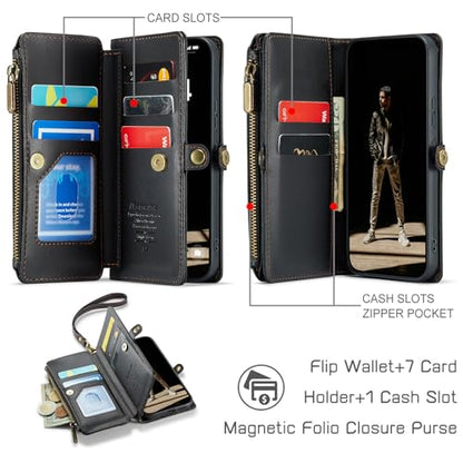 Defencase for Samsung Galaxy S24 Wallet Case with RFID Card Holder, Black | Durable Soft PU Leather, with Zipper Pocket, Wrist Strap, Fashion Snap Flip S24 Phone Cases Cover with Stand for Women Men - color: Black