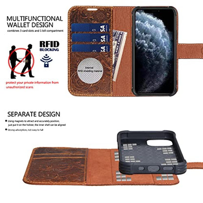 Leather Case Compatible With iPhone 15 Pro Max Wallet 6.7" | Genuine Leather 2in1 Magnetic Detachable Shockproof Kickstand,Flip Folio Cover with Card Slot,Wireless Charging RFID Blocking - color: Dark brown, size: 15 Pro Max
