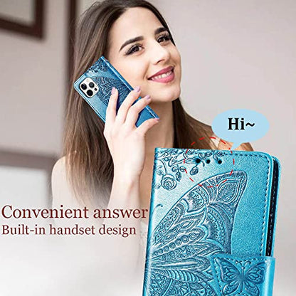 for iPhone 12 Pro/iPhone 12 Wallet Case,Women Flip Folio Cover with Butterfly Embossed PU Leather Kickstand Credit Card Holder Slots Wrist Strap for iPhone 12/12 Pro 6.1 inch (Blue) - color: Blue