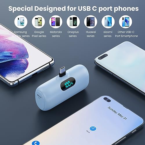 [2-Pack] Mini Portable Charger 5000mAh Power Bank,3A PD USB C Cell Phone Portable Power, LCD Display Battery Pack Compatible with iPhone 17/17 Air/16/16 pro/15/15 pro Max/Android/Samsung/Moto/LG etc - color: Light green+Light blue