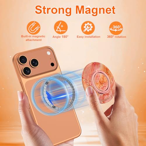 Magnetic Phone Ring Holder for MagSafe Grip,[Super Magnet],Stylish 360° Rotation Cell Phone Grip Stand Finger Ring Kickstand for iPhone 17 16 15 14 Pro Max,iPad and Smartphones,Marble - color: Orange Marble