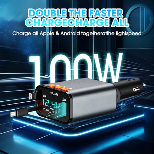 Retractable Car Charger,5 in 1 Fast Cars Phone Charger 60w,Bluetooth 5.3 FM Transmitter Adapter,Handsfree Call,MP3 Player,2 Retractable Cables and USB Chargers, for Phone,Galaxy,Pixel (Black) - color: Black
