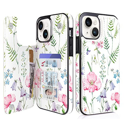 uCOLOR for iPhone 13/14 Wallet Case with Card Holder Pink Flowers | PU Leather RFID Blocking for Women Men Magnetic Clasp Kickstand - color: Pink Flowers