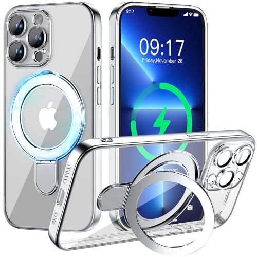 Magnetic for iPhone 13 Pro Case with Invisible Stand[Compatible with MagSafe][Full Camera Lens Protector][Military Drop Protection] Shockproof Not Yellowing Clear Slim Soft for Women Men - color: Silver, size: iPhone 13 Pro