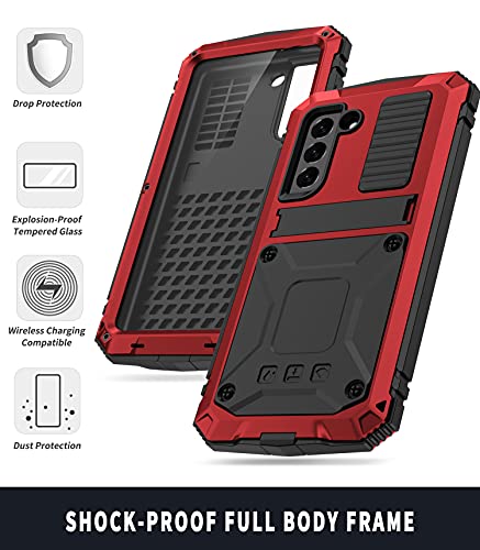 Simicoo for Samsung Galaxy S25 FE Metal Military Heavy Duty Case, Metallic Bumper Shockproof Dustproof Rugged Tough with Stand Screen Protector Camera Control Full Body Drop Protective Cover (Red) - color: Red