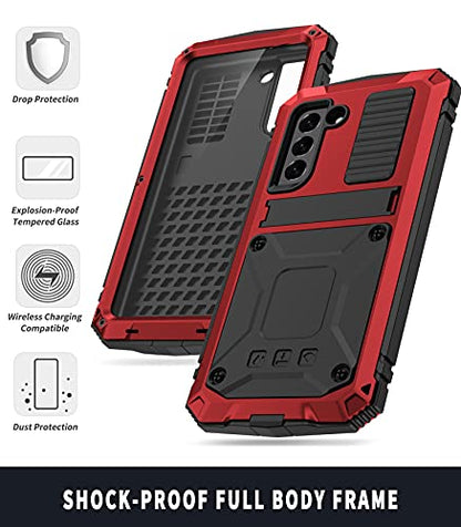 Simicoo for Samsung Galaxy S25 FE Metal Military Heavy Duty Case, Metallic Bumper Shockproof Dustproof Rugged Tough with Stand Screen Protector Camera Control Full Body Drop Protective Cover (Red) - color: Red
