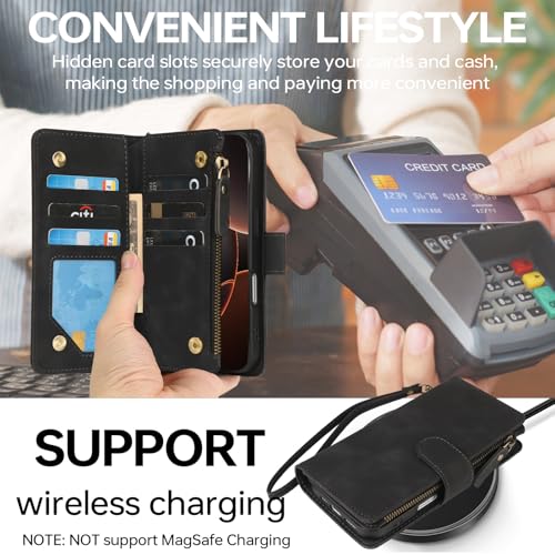 RANYOK Compatible with iPhone 16 Pro Max Wallet Case - PU Leather Wallet Case for iPhone 16 Pro Max with Credit Card Holder RFID Blocking Zipper Pocket [Wrist Strap] Protective Case (Black) - color: Black, size: iPhone 16 Pro Max, 6.9"