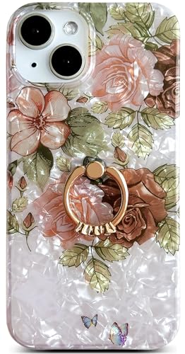 Qokey for iPhone 13/14 Case 6.1 inch,Flower Design Cute Clear for Women Girls with 360 Degree Rotating Ring Kickstand Soft TPU Shockproof Cover Brown Floral - color: Brown