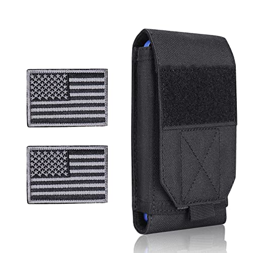 Black Tactical Molle Cellphone Pouch Case,Heavy Duty Waterproof Phone Holster Bag for iPhone 11 12 13 Pro Max for Samsung S22 S21 S20 FE Note 20 A02S Less 6.7" Phone with 2 Pack US Flag Patch - color: Black & 2 Gray Patches