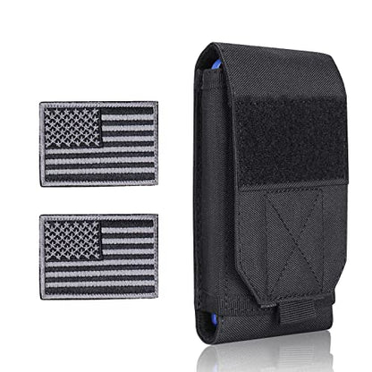 Black Tactical Molle Cellphone Pouch Case,Heavy Duty Waterproof Phone Holster Bag for iPhone 11 12 13 Pro Max for Samsung S22 S21 S20 FE Note 20 A02S Less 6.7" Phone with 2 Pack US Flag Patch - color: Black & 2 Gray Patches