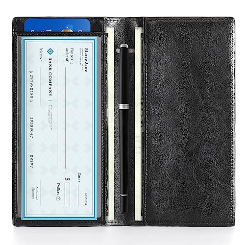 CoBak Checkbook Cover for Women & Men - PU Leather Case with RFID Blocking | Classic Design Check Book Holder for Personal and Business - color: Black