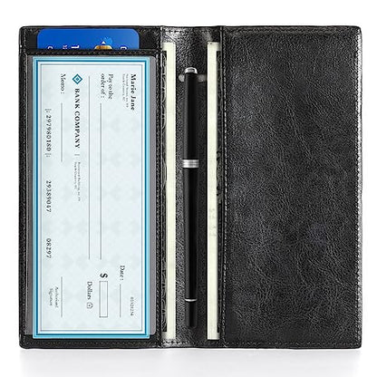 CoBak Checkbook Cover for Women & Men - PU Leather Case with RFID Blocking | Classic Design Check Book Holder for Personal and Business - color: Black