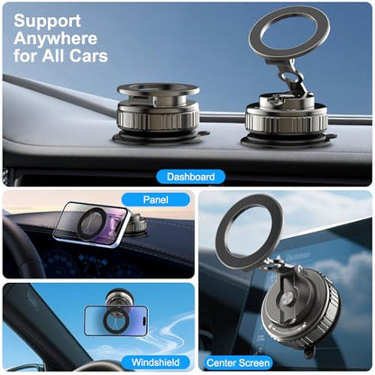 Magnetic Phone Holders for Your Car, [80+LBS Strongest Suction & 2400gf Magnetic] 360° Adjustable Vacuum Suction Cup Car Cell Phone Holder Mount Compatible for MagSafe iPhone Android Phone