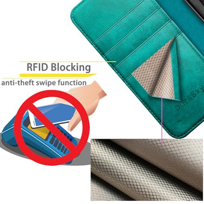 DuckSky Compatible with iPhone 17 Pro Max 6.9" Genuine Leather Wallet case【RFID Blocking】【4 Credit Card Holder】【Real Leather】 Flip Phone case Cover Women Men for Apple 17 Pro Max case Blue Green - color: Blue Green