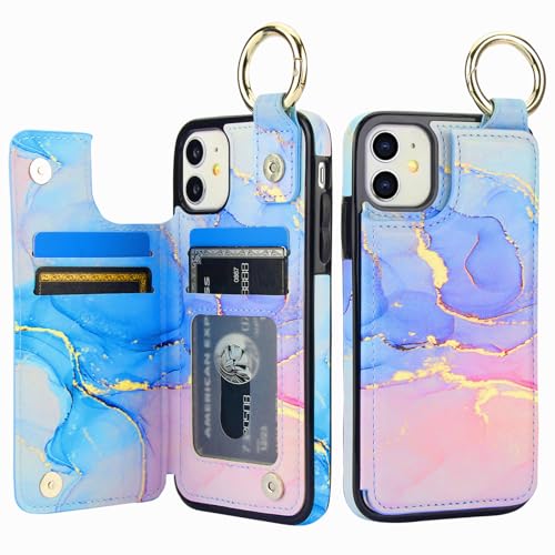 HAOPINSH for iPhone 11 Wallet Case with Card Holder, Pink Blue Marble Print Back Flip Folio PU Leather Kickstand Card Slots Case, Finger Grip Ring Double Magnetic Clasp Shockproof 6.1" - color: Pink Blue Marble Grip Ring