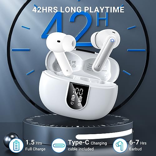 Wireless Earbuds, 2024 Wireless Headphones HiFi Stereo Earphones with 4 ENC Noise Canceling Mic, 42Hs Playtime In Ear Earbud, Bluetooth 5.3 Sport Earphones with LED Power Display for Android iOS White - color: White