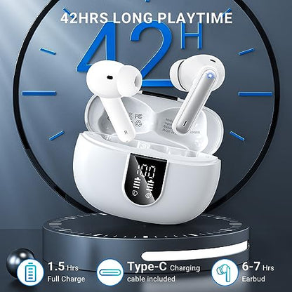 Wireless Earbuds, 2024 Wireless Headphones HiFi Stereo Earphones with 4 ENC Noise Canceling Mic, 42Hs Playtime In Ear Earbud, Bluetooth 5.3 Sport Earphones with LED Power Display for Android iOS White - color: White