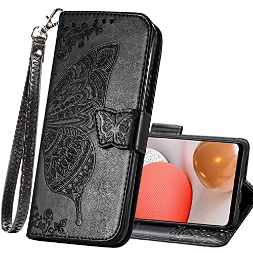 Wallet Case for Samsung Galaxy A03s with Card Holder Black | PU Leather Flip Phone Cover,Wrist Strap,Woman Man Purse,Emboss Butterfly Flower,Stand,Shockproof TPU Shell, Magnetic Closure - color: B Black
