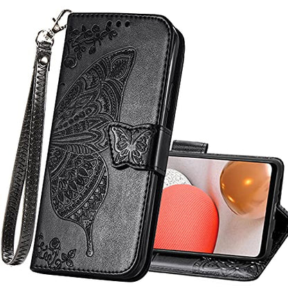 Wallet Case for Samsung Galaxy A03s with Card Holder Black | PU Leather Flip Phone Cover,Wrist Strap,Woman Man Purse,Emboss Butterfly Flower,Stand,Shockproof TPU Shell, Magnetic Closure - color: B Black