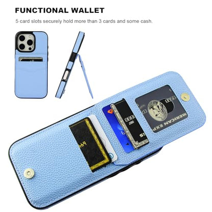 KIHUWEY for iPhone 16 Pro Wallet Case Card Holder, Lichee Light Blue | Credit Card Slots, PU Leather, Kickstand, Magnetic, Flip Heavy Duty Protection Cover for Men Women - color: Lichee Light Blue