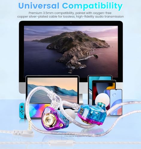 Wired Gaming Earbuds with Mic, 11mm Dynamic Driver HiFi in Ear Monitors, 3-Way Adjustable Tuning Switch Detachable Cable IEM Earphones, Deep Bass Noise Isolating Headphones for Musician Game PC Laptop - color: Purple
