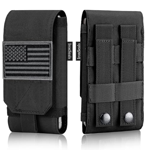 Tactical Molle Phone Cover Case, Heavy Duty Loop Belt Holster Pouch with Flag Patch for iPhone 17 Pro Max/Air/17 Pro/17/16 Pro Max/15 Pro Max/14 Pro Max/13 Pro Max, for Galaxy S26 Ultra - color: Black