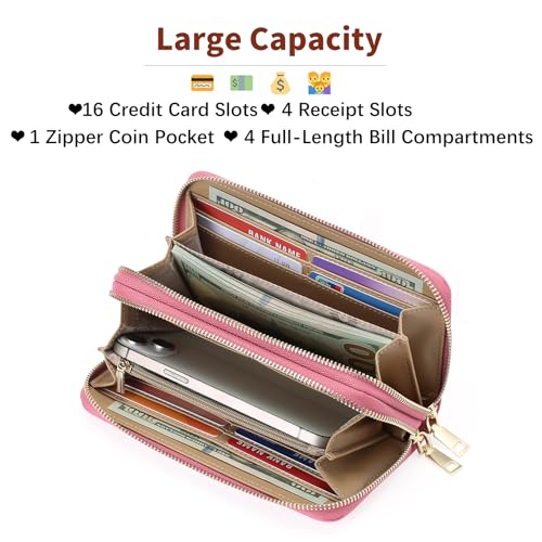 GOIACII Women's Wallet RFID Blocking Leather Wristlet - color: A12 Barbie Pink