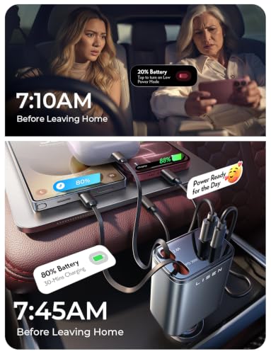 LISEN Retractable Car Charger, 84W Car Charger USB C Fast Charge, 4 in 1 - color: Grey, size: 31.5 Inch