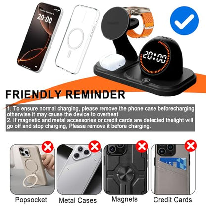 Wireless Charging Station with Clock,6-in-1 Charging Stand - color: Black