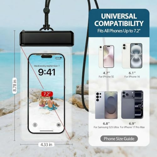 Waterproof Phone Pouch IPX8, Fits 7.2″, Compatible for iPhone, 2 Pcs | IPX8 Waterproof, Side Snap Closure, Dual-Layer Seal, For Swimming, For Diving, Vacation Essential, 2 Pcs