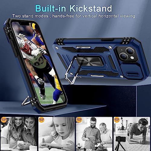 DEERLAMN Case for iPhone 13/iPhone 14 6.1-Inch with Slide Camera Cover+Screen Protector(2 Packs),Rotated Ring Kickstand Military Grade Shockproof Protective Cover-Navy Blue - color: Navy Blue