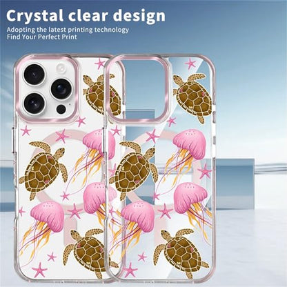VisEnt Clear Case for iPhone 16 Pro, Magnetic Phone Case, Transparent Slim Cover, Military Grade Protection, Shockproof, Anti-Yellowing, Scratch Resistant, Pink Jellyfish Sea Turtle - color: Pink Jellyfish Sea Turtle, size: Iphone 16 Pro