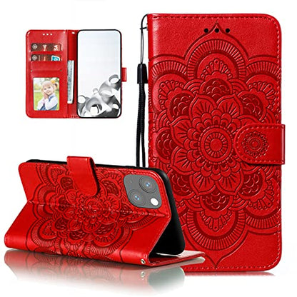 EYZUTAK Case for iPhone 14 Plus, Premium PU Leather Magnetic Flip Wallet Case with Card Holder Cash Slot Lanyard Strap Kickstand Function Embossed Mandala Flower Pattern Shockproof Cover - Red - color: Red, size: iPhone 14 Plus