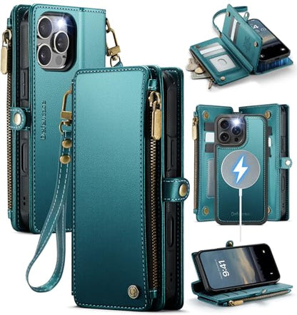 Defencase for iPhone 16 Pro Max Case Wallet Compatible with Magsafe, Green | Drop-Proof Magnetic Detachable Phone Cases Cover, with RFID Bolcking Card Holder, Zipper Strap, PU Leather, Removable Wallet - color: (Detachable with Magsafe)-Blue Green
