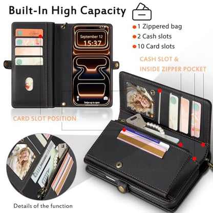 for Wallet Case Compatible with iPhone 17 Pro Max,Multi-Function Detachable 2 in 1 Magnetic iPhone 17 Pro Max Case Wallet,Flip Strap Zipper Card Holder Phone Case with Shoulder Straps (Black) - color: Black, size: iPhone 17 Pro Max