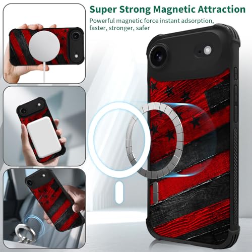 DJSOK Case for iPhone 17 Air,Compatible with MagSafe,Anti-Scratch Shockproof Case,Black Red Wood Grain American Flag - color: Black red wood grain American flag, size: iPhone 17 Air