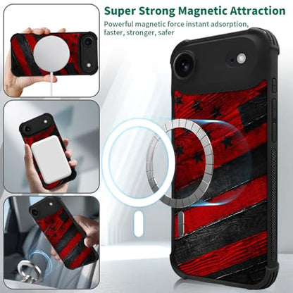 DJSOK Case for iPhone 17 Air,Compatible with MagSafe,Anti-Scratch Shockproof Case,Black Red Wood Grain American Flag - color: Black red wood grain American flag, size: iPhone 17 Air