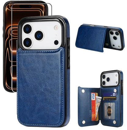 for iPhone 17 Pro Max Wallet Case with Screen Protector, Slim PU Leather Protective Case with Card Holder[RFID Blocking] Kickstand Cover 6.9“-Deep Blue - color: Deep Blue